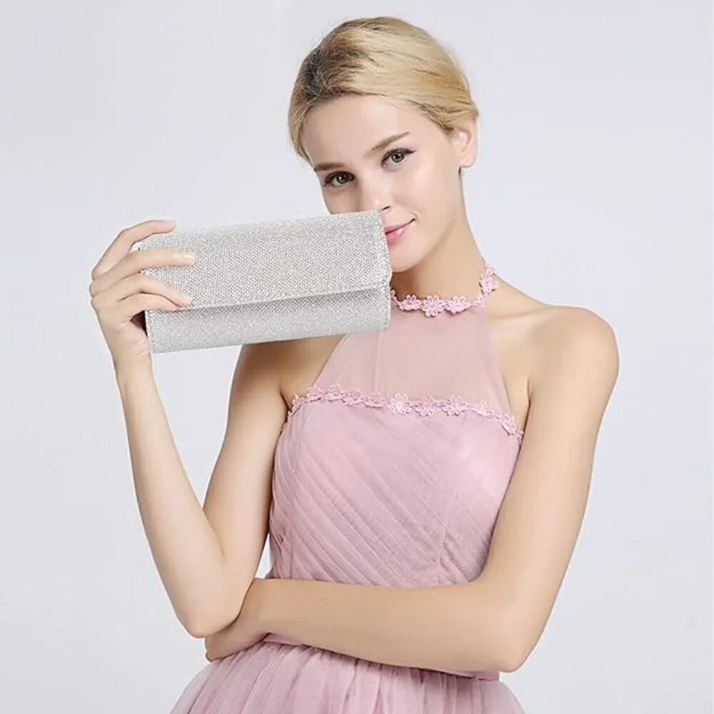 𝅺CLUTCH Sparkling Envelope Silver Textured Handbag Shoulder Chain NIB - Picture 5 of 14